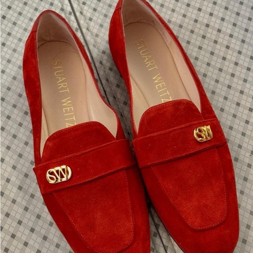 Stuart Weitzman Red Suede Loafers with Gold SW Accent - Picture 2 of 8